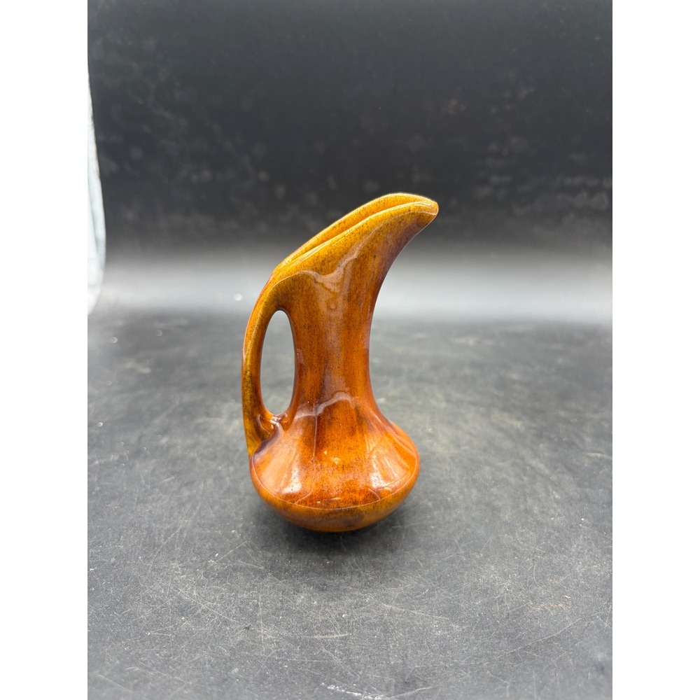Vintage Mid Century Modern Miniature Ceramic Pitcher Amber Drip Glaze Bud Vase